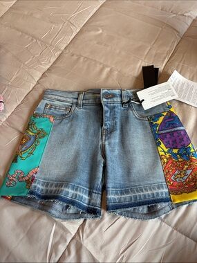 Versace Denim Short with Colorful Scarf-Panel Accents - Blue